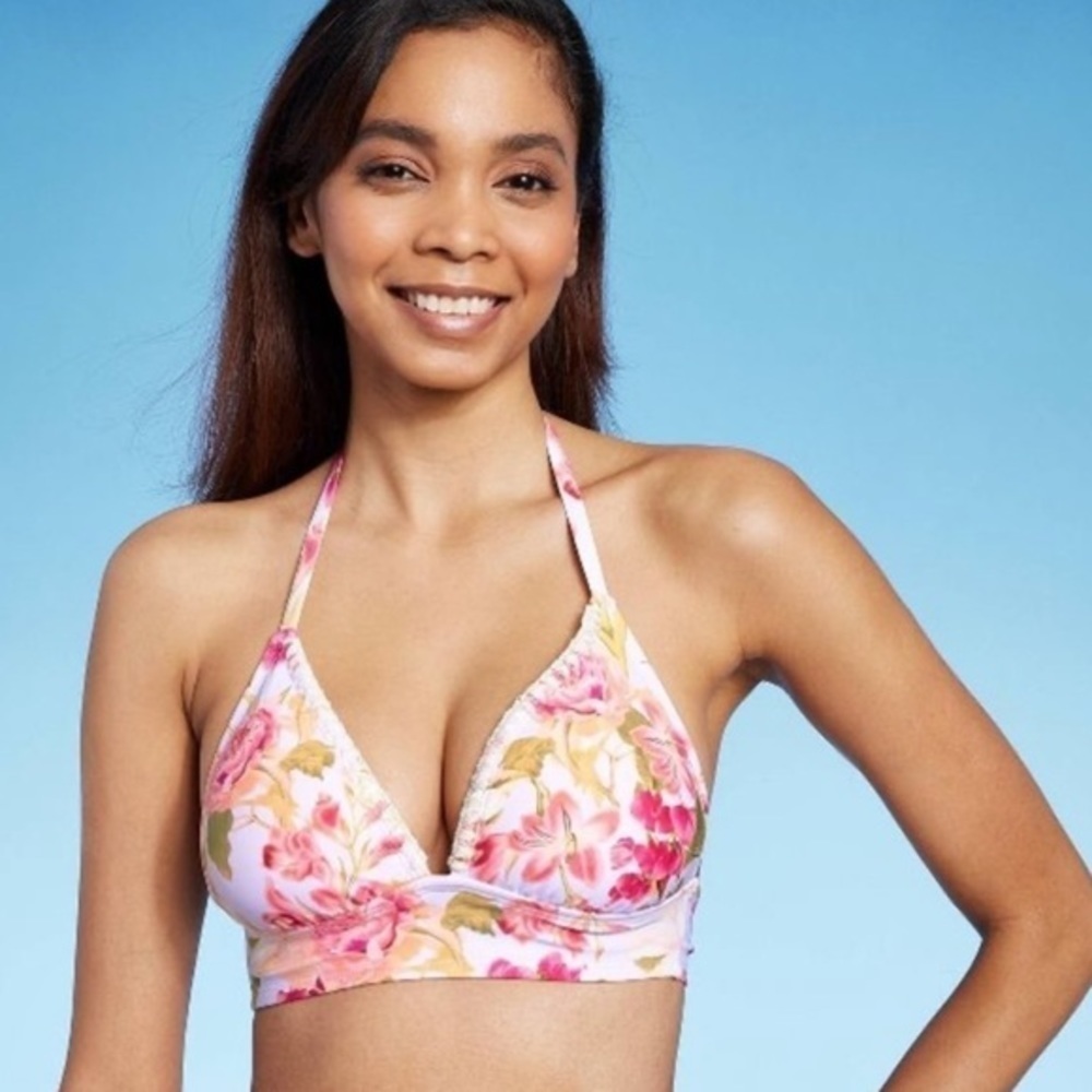NWT Timeless Stitched Print Triangle Halter Bikini Top Kona Sol - Medium